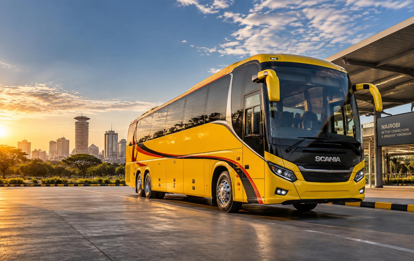 A yellow Simba Coach ready for departure in Nairobi